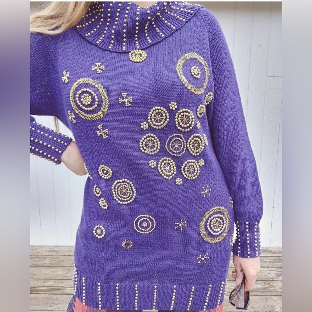 Vintage Chic Purple Sweater with Gold Embellishments